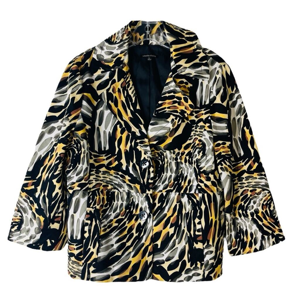 Vintage Rafaella black white tan animal print button preppy office blazer large